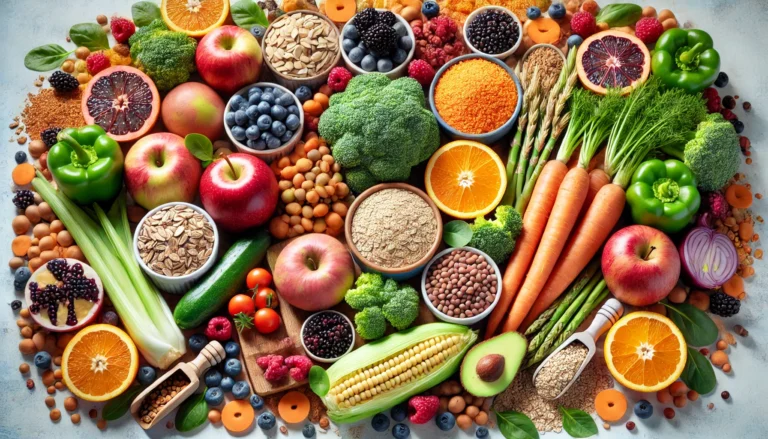 A colorful assortment of high-fiber foods, including fruits, vegetables, whole grains, and legumes, arranged to highlight their natural textures and vibrant colors, symbolizing a heart-healthy diet that helps regulate cholesterol and blood sugar.