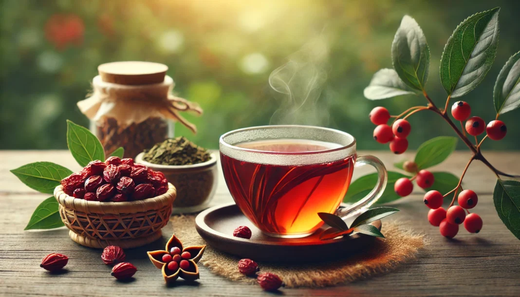 A steaming cup of ashwagandha tea with schisandra berries beside it, set against a soft green foliage background, representing relaxation, stress relief, and longevity.