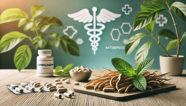 A calming scene of ashwagandha roots and capsules placed on a wooden surface, surrounded by green leaves, with a soft medical backdrop symbolizing antidepressant use and herbal medicine integration.