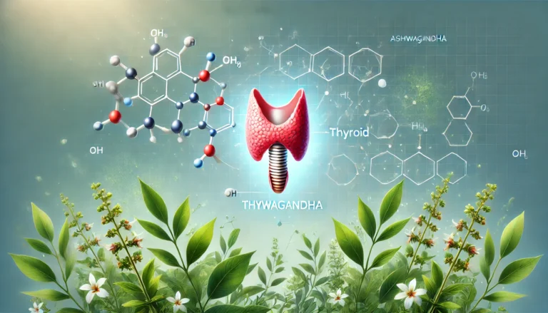 A scientific-style illustration of the thyroid gland with molecular structures floating around it, representing the biochemical interactions between ashwagandha compounds and thyroid hormones. The image includes a subtle botanical background featuring ashwagandha plants to emphasize the natural aspect of herbal medicine.