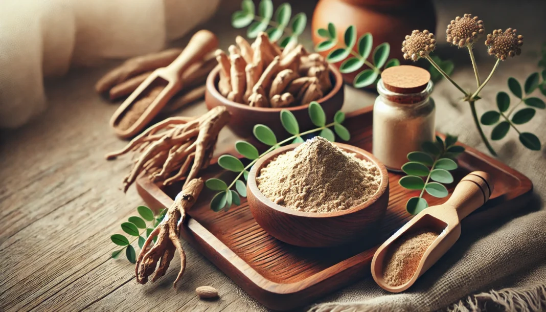 A close-up of ashwagandha roots and powder with soft natural lighting, emphasizing the herb’s organic and holistic skincare benefits.