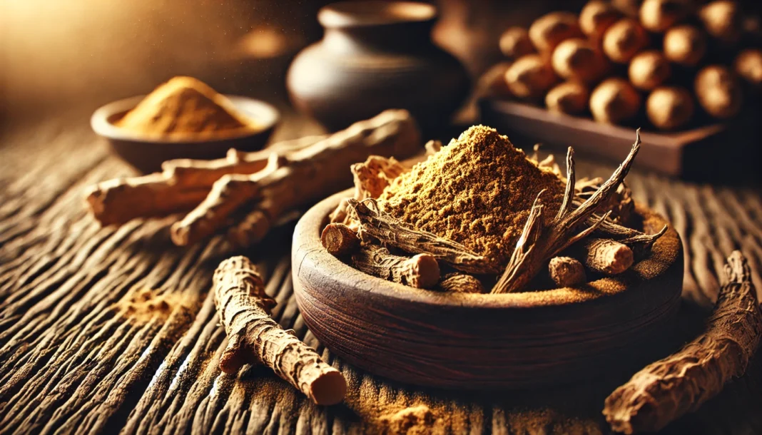 A close-up of ashwagandha roots and powder in a rustic wooden bowl, highlighting its natural texture and earthy color, set against a blurred herbal medicine background.