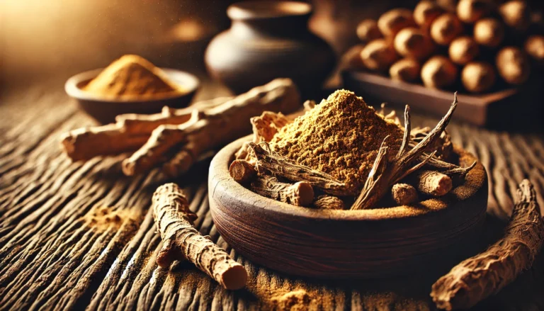A close-up of ashwagandha roots and powder in a rustic wooden bowl, highlighting its natural texture and earthy color, set against a blurred herbal medicine background.