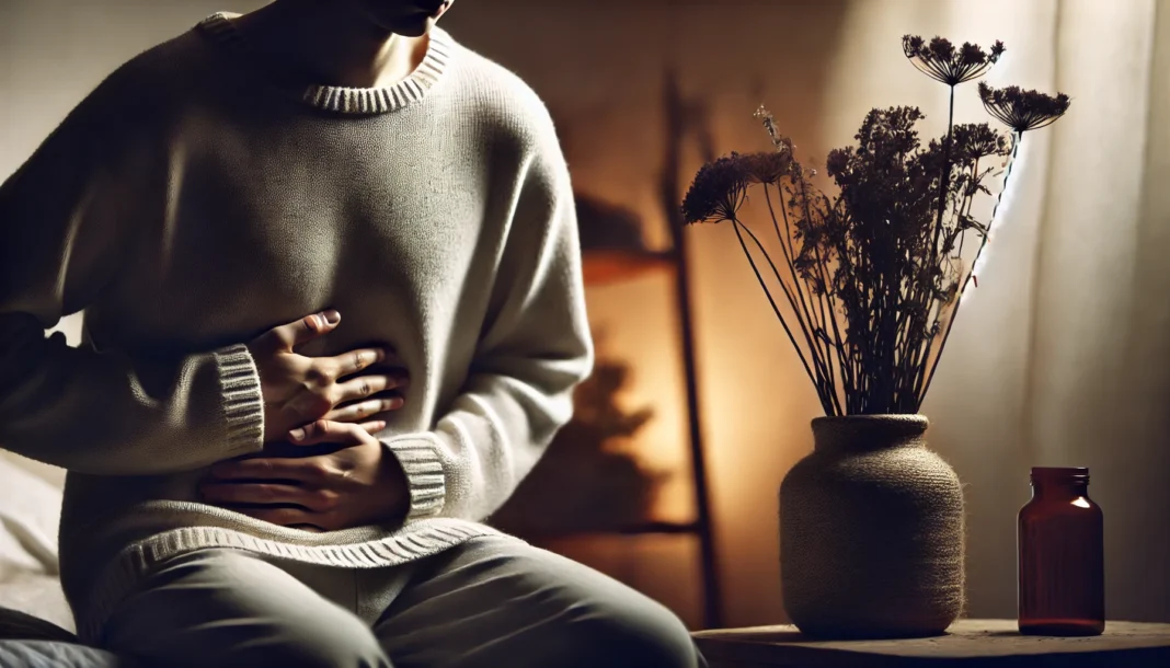 A moody image of a person clutching their stomach, symbolizing potential digestive issues associated with herbal supplements, in a softly lit setting.