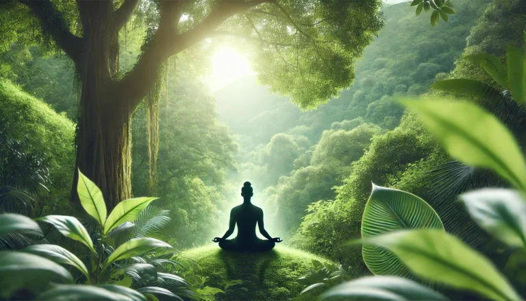 A serene person meditating in a lush green environment, symbolizing emotional balance and stress relief from Ashwagandha, with soft sunlight filtering through the trees.