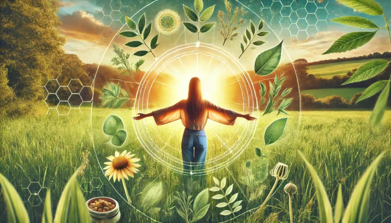 A tranquil nature-inspired composition of a woman standing in a lush green field with arms outstretched under a golden sky, symbolizing vitality, balance, and wellness, with subtle hints of ashwagandha plants.