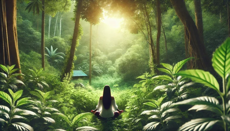 A serene nature scene featuring a woman meditating in a lush green forest, surrounded by ashwagandha plants. Sunlight filters through the trees, creating a peaceful ambiance that promotes relaxation and mental clarity.