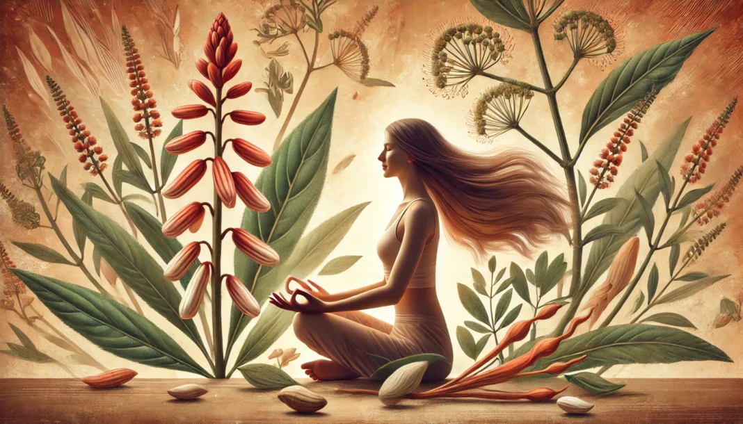 A woman practicing mindfulness and relaxation, surrounded by ashwagandha plants and natural elements, symbolizing hormonal balance and menstrual well-being. The setting has warm, earthy tones evoking a sense of calm and stress relief.
