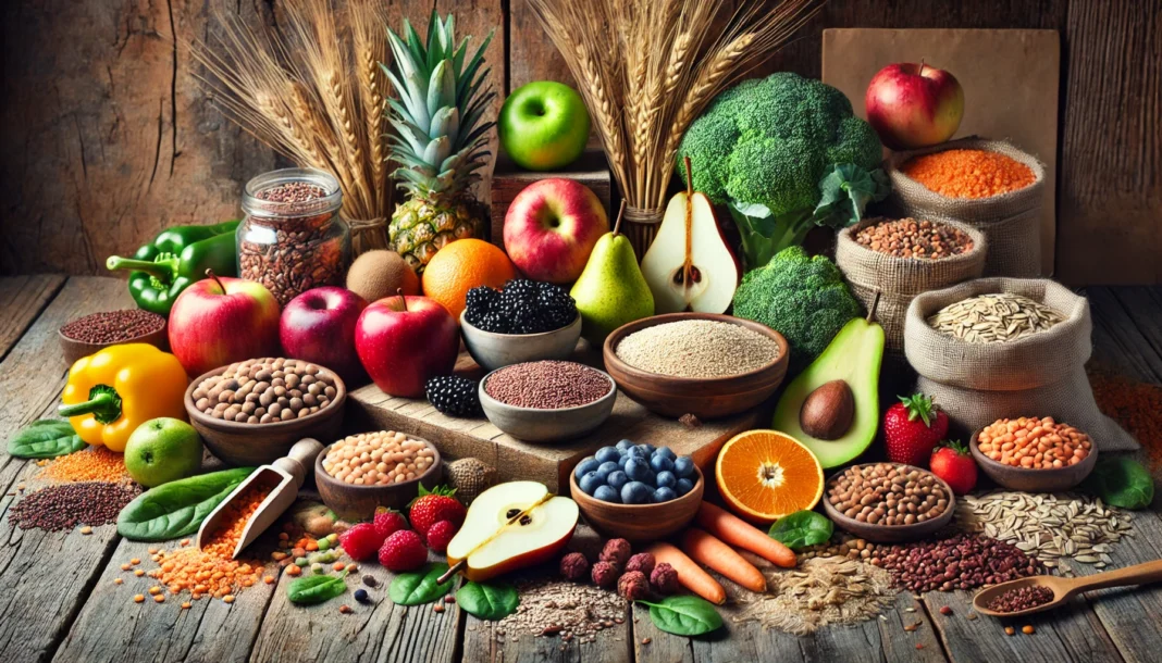 A vibrant assortment of high-fiber foods, including fresh fruits, whole grains, legumes, and vegetables, displayed on a rustic wooden table, highlighting their natural textures and nutritional value.