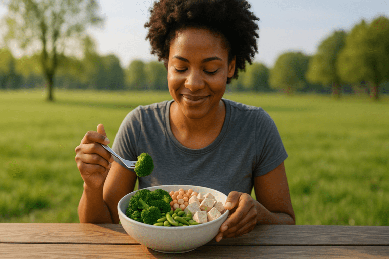 A young African American woman sits peacefully at a wooden picnic table in a lush green park, enjoying a colorful bowl of high-protein vegetables including broccoli, chickpeas, tofu, and edamame. Bathed in soft natural morning light, the serene outdoor setting and her gentle smile reflect the wholesome benefits of a plant-based, protein-rich diet for optimal health.