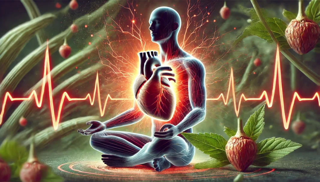 A serene natural landscape featuring Ashwagandha plants with lush green leaves and small red berries in the foreground. A calm river flows gently in the background, symbolizing relaxation, stress relief, and natural heart health support.
