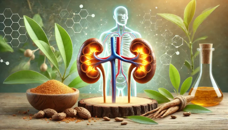 A detailed illustration of ashwagandha roots and leaves beside a glowing, healthy kidney model, symbolizing the connection between herbal remedies and kidney wellness.