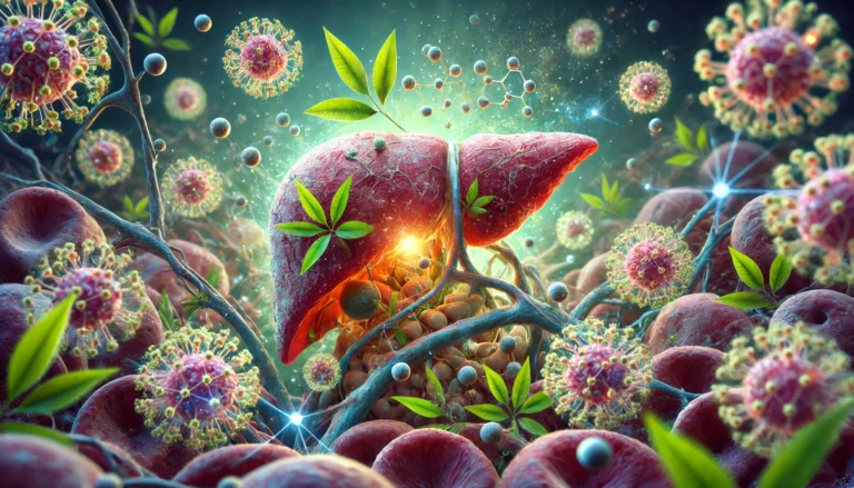 A surreal microscopic view of ashwagandha’s molecular effects on liver cells, showing herbal compounds interacting with cellular structures. The glowing herbal particles integrate into the liver tissue, representing both healing and potential toxicity.