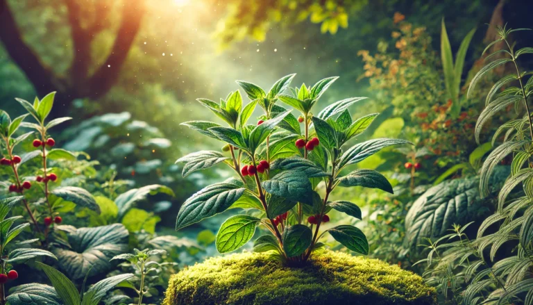 A vibrant Ashwagandha plant growing in a lush garden, featuring green leaves and small red berries under warm sunlight.
