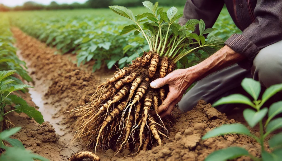 A farmer carefully harvesting mature ashwagandha roots in a field, gently shaking off excess soil. The thick, healthy roots contrast with the surrounding green foliage.