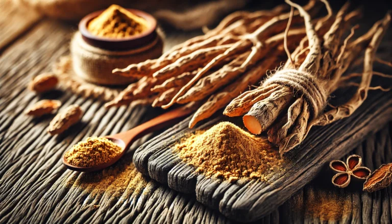 A close-up of ashwagandha roots and finely ground ashwagandha powder placed on a rustic wooden surface, highlighting their distinct textures and earthy tones.