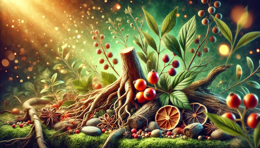 A vibrant depiction of ashwagandha roots and berries in a lush, natural setting with glowing light, symbolizing the herb’s medicinal properties and its role in hormonal balance.