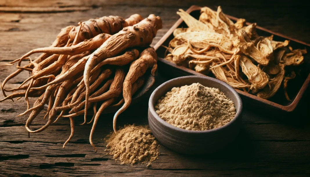 A side-by-side comparison of ashwagandha and ginseng roots on a rustic wooden surface, highlighting their distinct textures and colors alongside powdered and sliced forms.