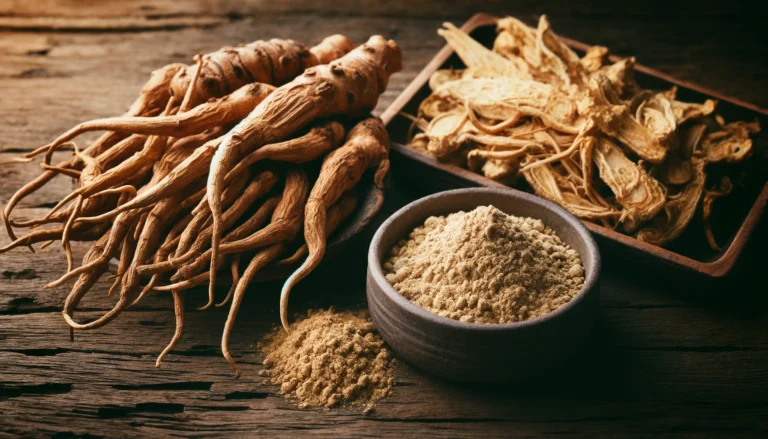 A side-by-side comparison of ashwagandha and ginseng roots on a rustic wooden surface, highlighting their distinct textures and colors alongside powdered and sliced forms.