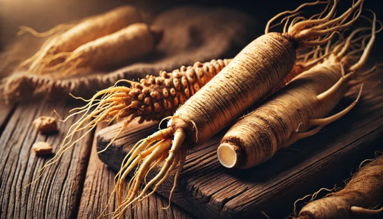 A close-up of fresh Asian ginseng and Korean ginseng roots side by side on a rustic wooden surface, highlighting their distinct textures, colors, and intricate details with fine root hairs under warm, earthy lighting.
