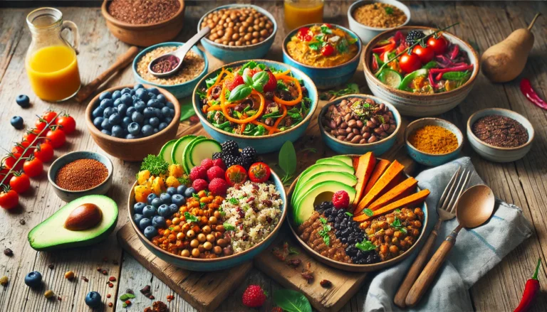 A vibrant spread of high-fiber, plant-based meals on a rustic wooden table, featuring quinoa salad, lentil stew, overnight oats, and roasted sweet potatoes with black beans.