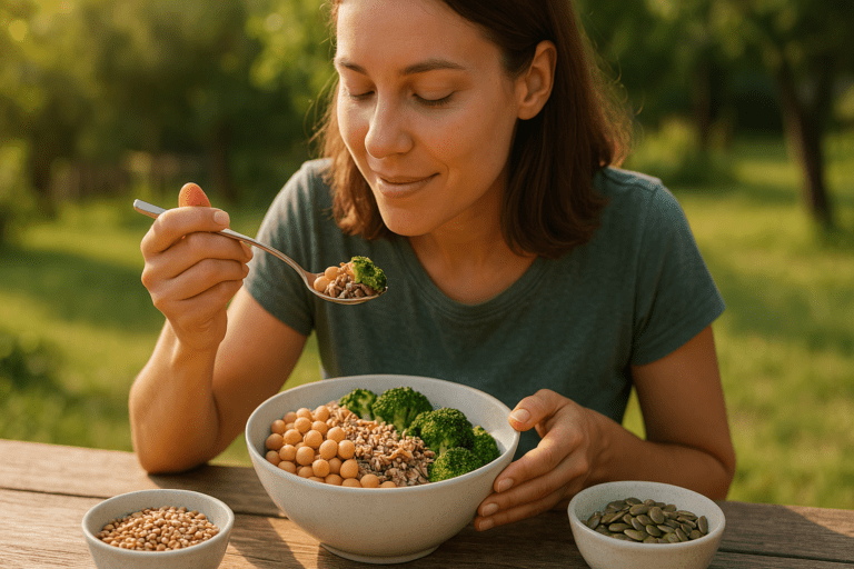 A young woman with shoulder-length brown hair enjoys a nutrient-dense vegan meal in a sunlit garden, highlighting the concept of complete protein on a plant-based diet. The natural morning light enhances the vibrant colors of chickpeas, broccoli, and grains, promoting wholesome, science-backed vegetarian nutrition.