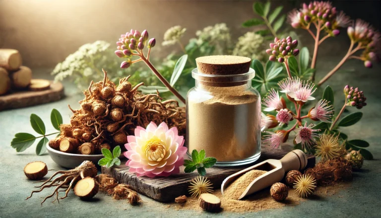 A serene nature-inspired composition featuring Rhodiola rosea roots, fresh flowers, and a glass jar of herbal supplement powder, set against an earthy backdrop, symbolizing stress relief and mental clarity.