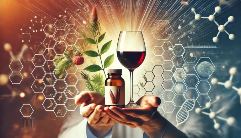 A conceptual illustration showing a person holding wine and herbal supplements, symbolizing the intersection of alcohol and ashwagandha.
