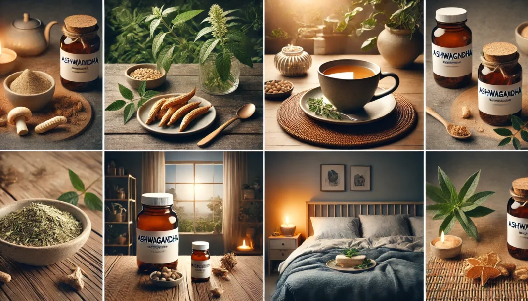 A serene morning setting with a cup of herbal tea on a wooden table, surrounded by fresh ashwagandha roots and leaves, symbolizing morning consumption of the herb.