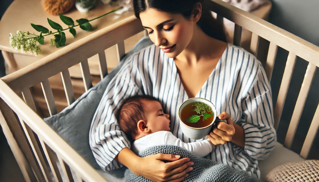 A serene mother holding a cup of herbal tea with ashwagandha, while her baby sleeps peacefully in a crib, illustrating a moment of relaxation and self-care for breastfeeding moms.