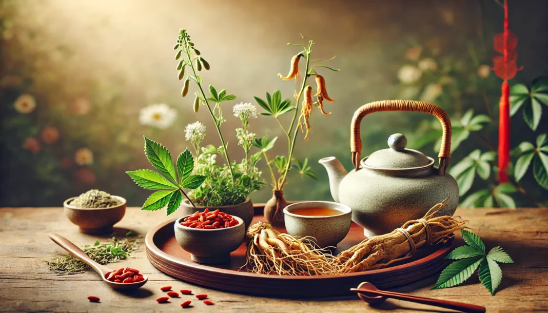 A serene traditional Chinese herbal medicine setup featuring ginseng, horny goat weed, and goji berries on a wooden tray with a teapot, symbolizing natural remedies for vitality and endurance.