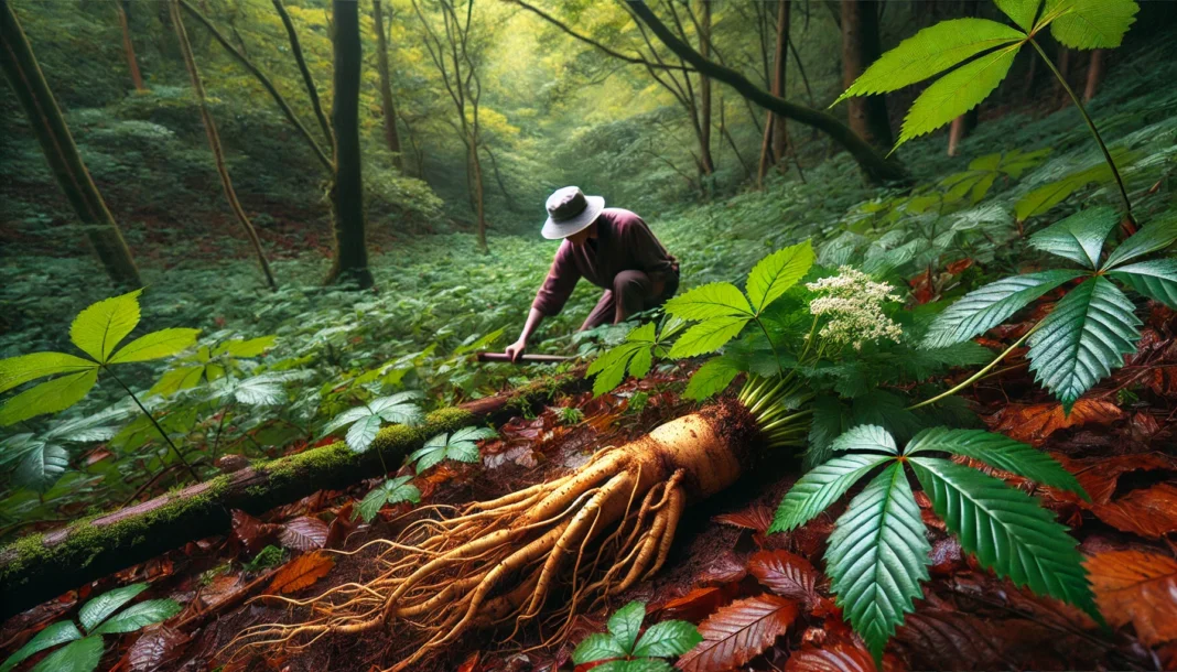 A forager carefully digs up a wild ginseng root in a lush forest, surrounded by dense greenery and fallen autumn leaves, highlighting the rarity and value of wild ginseng in its natural habitat.