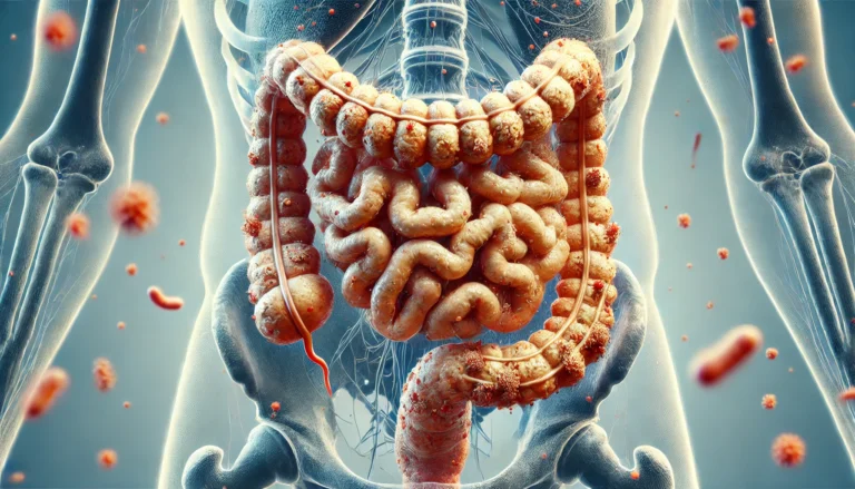 A detailed digital illustration of an inflamed and irritated intestine due to a lack of fiber, showing an imbalanced gut microbiome with an overgrowth of harmful bacteria and a shortage of beneficial bacteria.