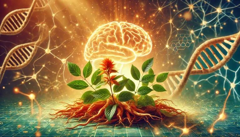 A vibrant digital painting of ashwagandha roots and leaves intertwined with a glowing neural network, symbolizing cognitive enhancement and brain health, illuminated by soft golden light.