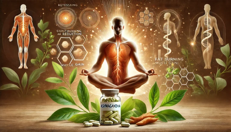 A balanced representation of Ashwagandha’s effects on stress reduction and metabolism, featuring a meditative individual, Ashwagandha roots, and abstract glowing energy representing fat burning and muscle growth in a warm, earthy setting.