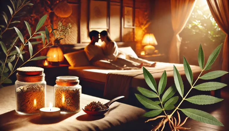 A romantic and intimate scene featuring a couple in a warmly lit bedroom, exuding feelings of connection and relaxation. Ashwagandha leaves and roots are subtly placed in the background, symbolizing natural wellness and enhanced intimacy.