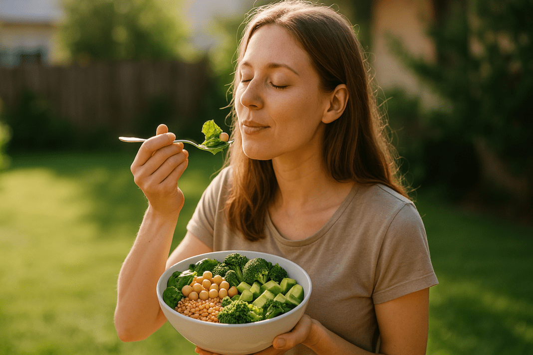 A young woman enjoys a plant-based protein salad outdoors in soft morning light, her expression peaceful as she savors a forkful of leafy greens, chickpeas, and avocado. The natural garden setting and nutrient-dense meal emphasize how vegetarians can get enough protein from wholesome plant sources.