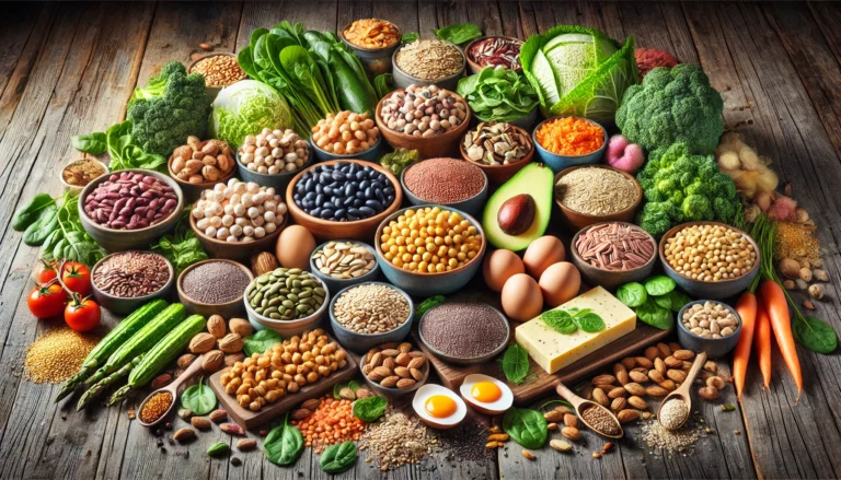 A colorful assortment of high-protein and fiber-rich foods, including legumes, nuts, seeds, whole grains, leafy greens, and lean proteins, arranged on a rustic wooden table with natural lighting highlighting their textures and freshness.