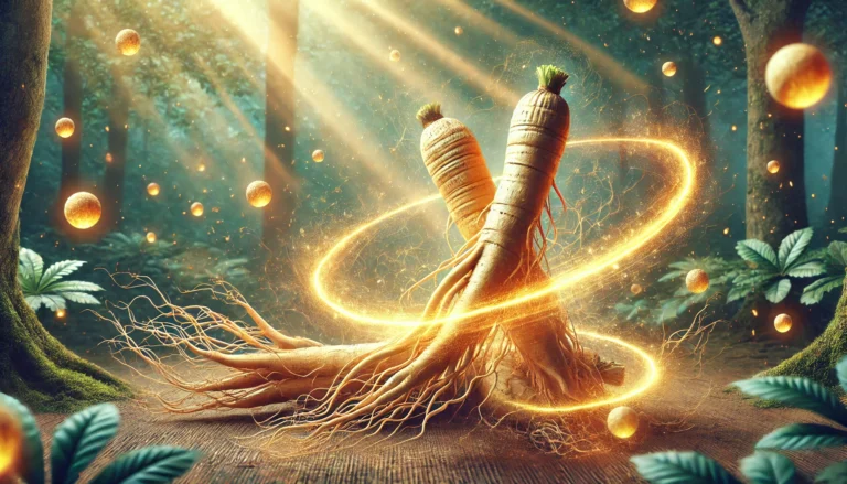 A digital illustration of Korean ginseng roots emitting a golden glow, symbolizing energy and vitality. The roots are detailed with rich textures, set against an earthy background with soft lighting, reflecting the theme of natural testosterone support and traditional herbal medicine.