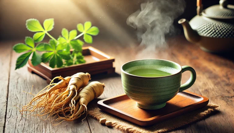 A steaming cup of green tea with fresh ginseng roots on a wooden table, bathed in warm sunlight, evoking relaxation and wellness.