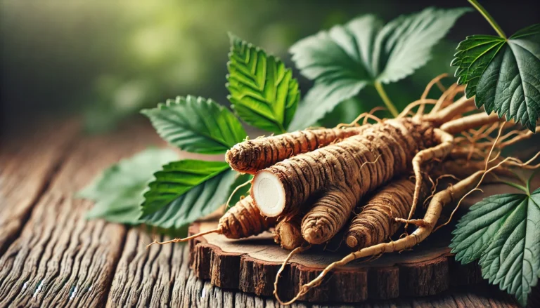 A close-up of Eleuthero root (Siberian Ginseng) displayed on a rustic wooden surface with fresh green leaves, showcasing its natural texture and organic form under soft, earthy lighting.