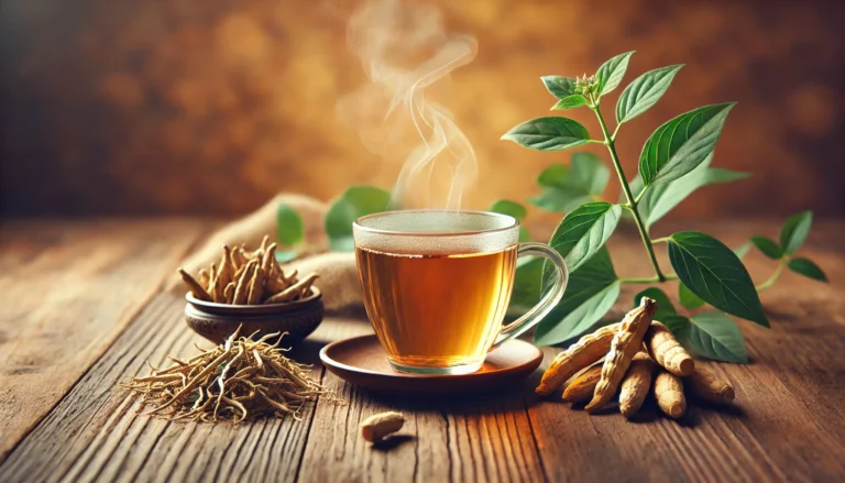 A steaming cup of Withania tea on a wooden table, surrounded by fresh ashwagandha roots and leaves, evoking a sense of calm and relaxation in a warm, earthy-toned setting.