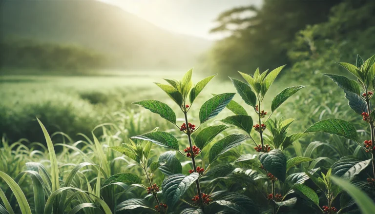 A serene natural setting featuring ashwagandha plants growing in lush green fields, bathed in soft morning sunlight, highlighting their detailed leaves and red berries, symbolizing natural healing and herbal remedies.