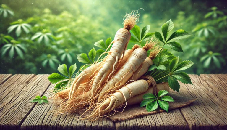 Freshly harvested white Korean ginseng roots with intricate details, placed on a rustic wooden table against a blurred green herbal garden background.