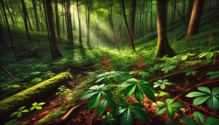 A dense Appalachian forest with sunlight filtering through the canopy, showcasing wild ginseng plants with distinct five-leaflet structures and red berries growing among rich organic undergrowth.