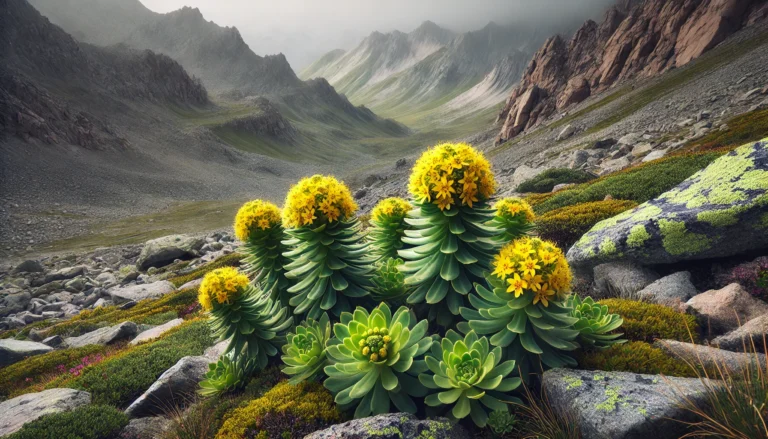 A high-altitude mountainous landscape with wild Rhodiola rosea plants growing among rocky terrain, showcasing their natural habitat.