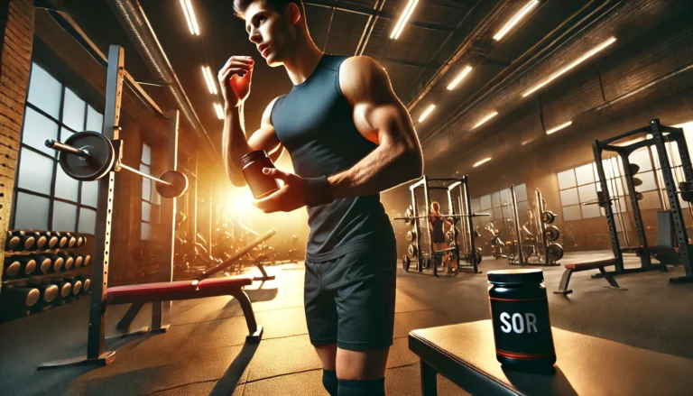 A fit athlete in a well-equipped gym preparing for an intense weightlifting session, taking a natural supplement with a focused and determined expression. The scene is illuminated with warm lighting, emphasizing strength training and pre-workout preparation.