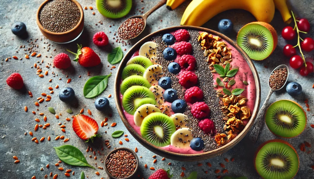 A colorful assortment of high-fiber foods, including fresh fruits, vegetables, legumes, and whole grains, arranged on a rustic wooden table, emphasizing their nutritional benefits.