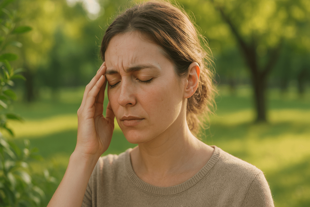 A young woman stands in a peaceful outdoor park setting, gently pressing her temple with a pained expression as soft morning light filters through lush green trees behind her. This photorealistic image visually highlights fatigue and headaches—common symptoms of vegan and vegetarian vitamin deficiencies like B12 or iron deficiency.