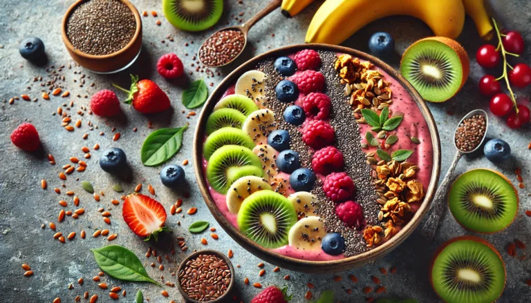 A colorful assortment of high-fiber foods, including fresh fruits, vegetables, legumes, and whole grains, arranged on a rustic wooden table, emphasizing their nutritional benefits.
